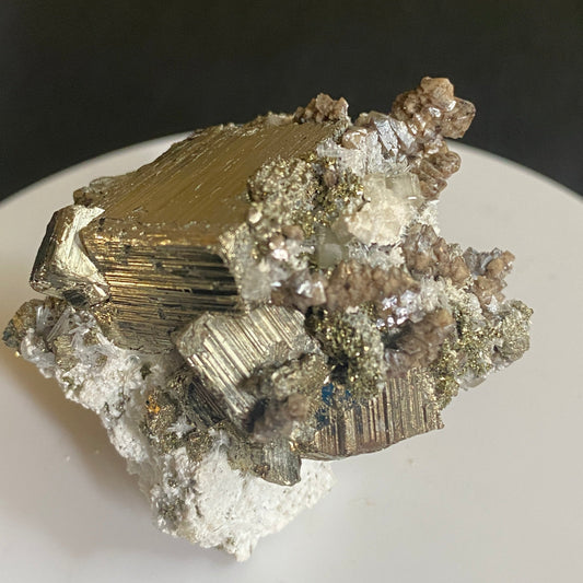 Scheelite and Apatite on Pyrite, Huanzuala Mine, Peru