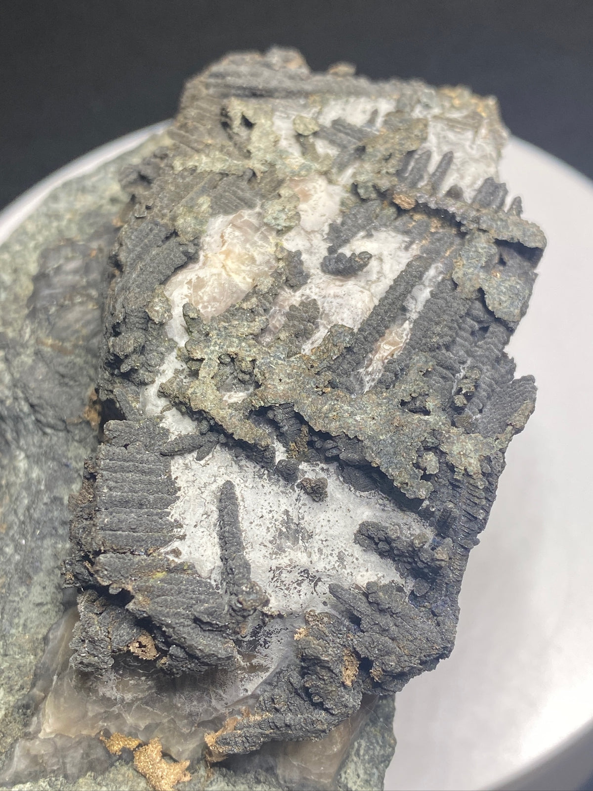 Löllingite over native silver mineral specimen from Castle Mine, Gowganda District, Ontario, Canada