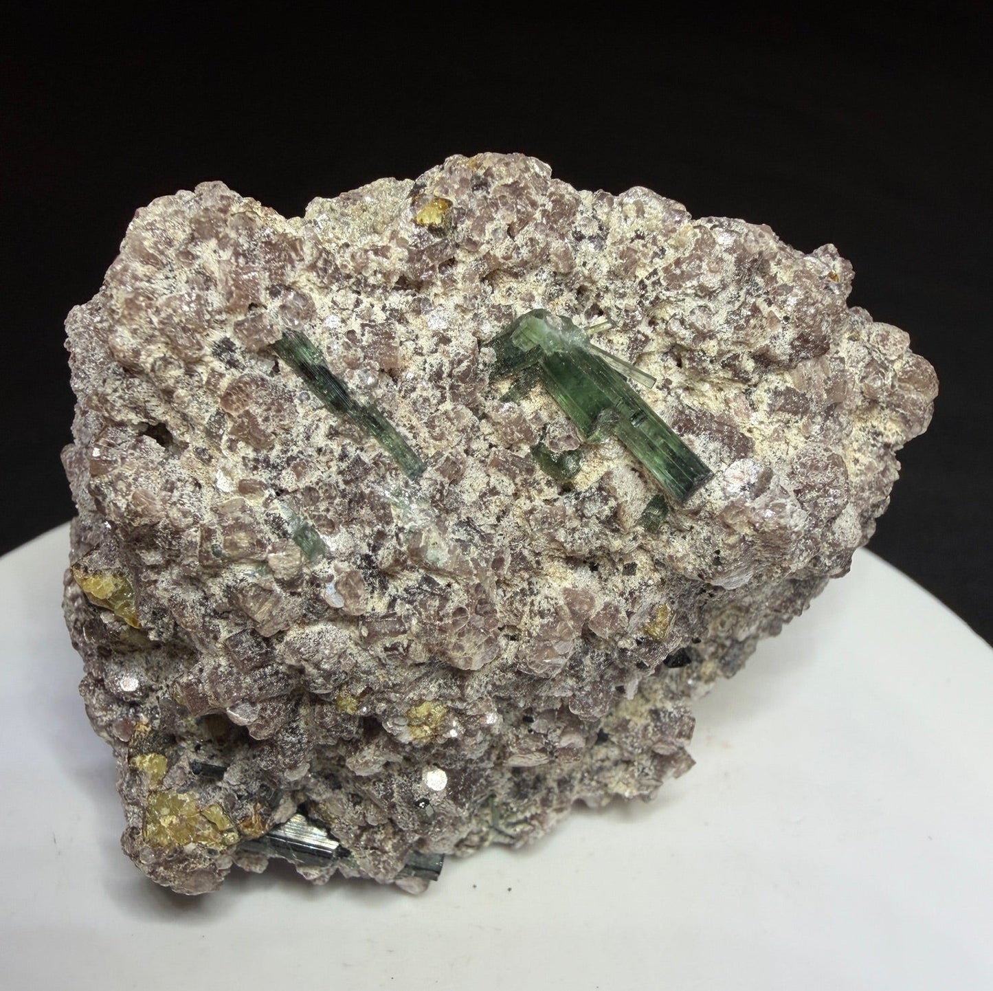 Microlite and black cassiterite with tourmaline on purple lepidolite from Virgem da Lapa, Minas Gerais, Brazil