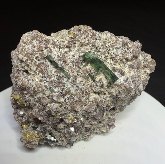 Microlite and black cassiterite with tourmaline on purple lepidolite from Virgem da Lapa, Minas Gerais, Brazil