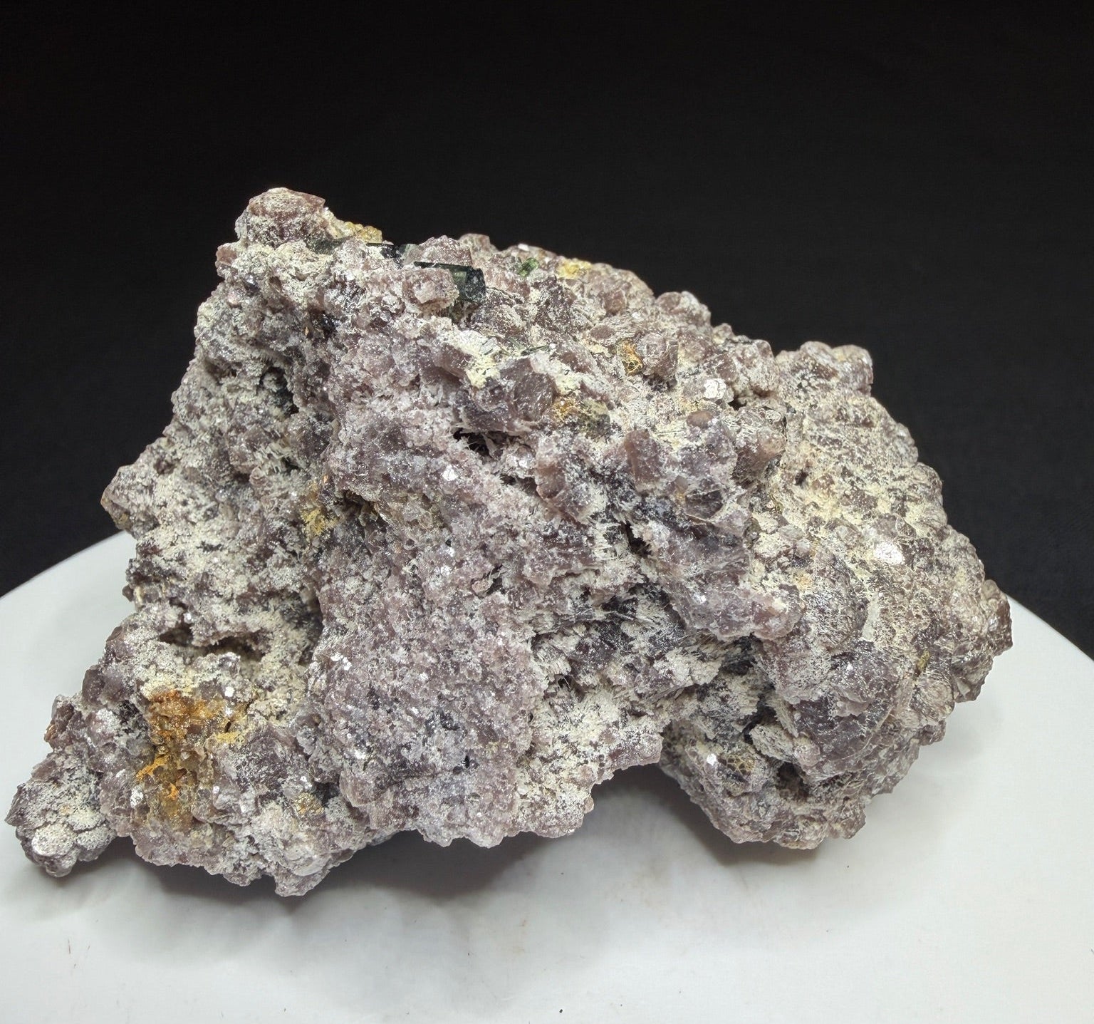 Microlite and black cassiterite with tourmaline on purple lepidolite from Virgem da Lapa, Minas Gerais, Brazil