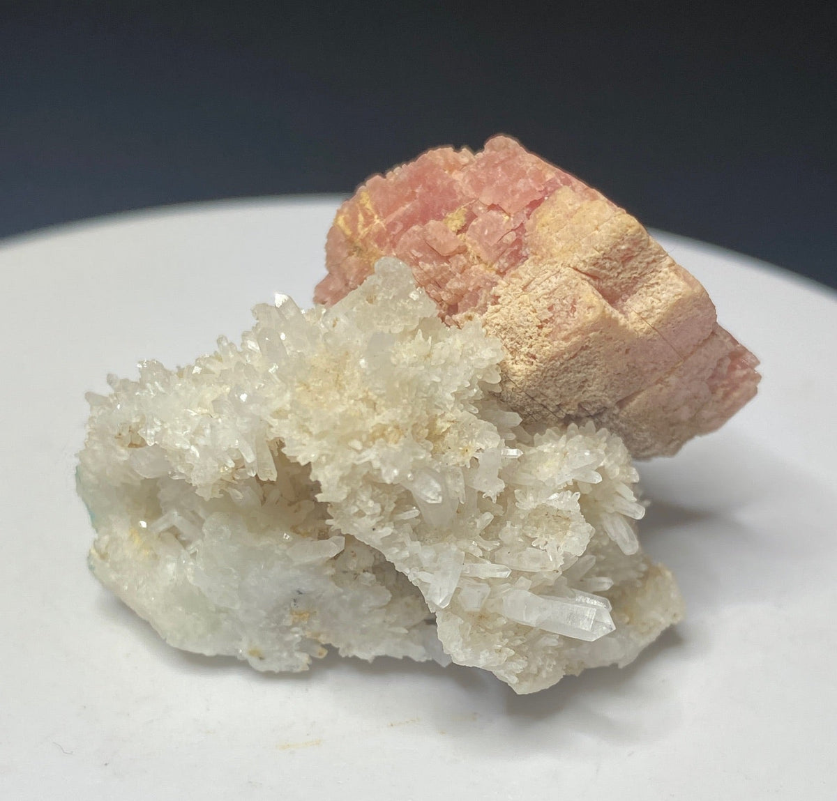 Pink rhodochrosite crystals on white quartz from Grizzly Mine, Colorado, USA