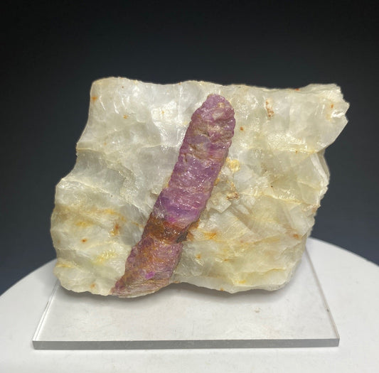 Pinkish red ruby crystal in white marble from Dattaw Mine, Mogok, Myanmar