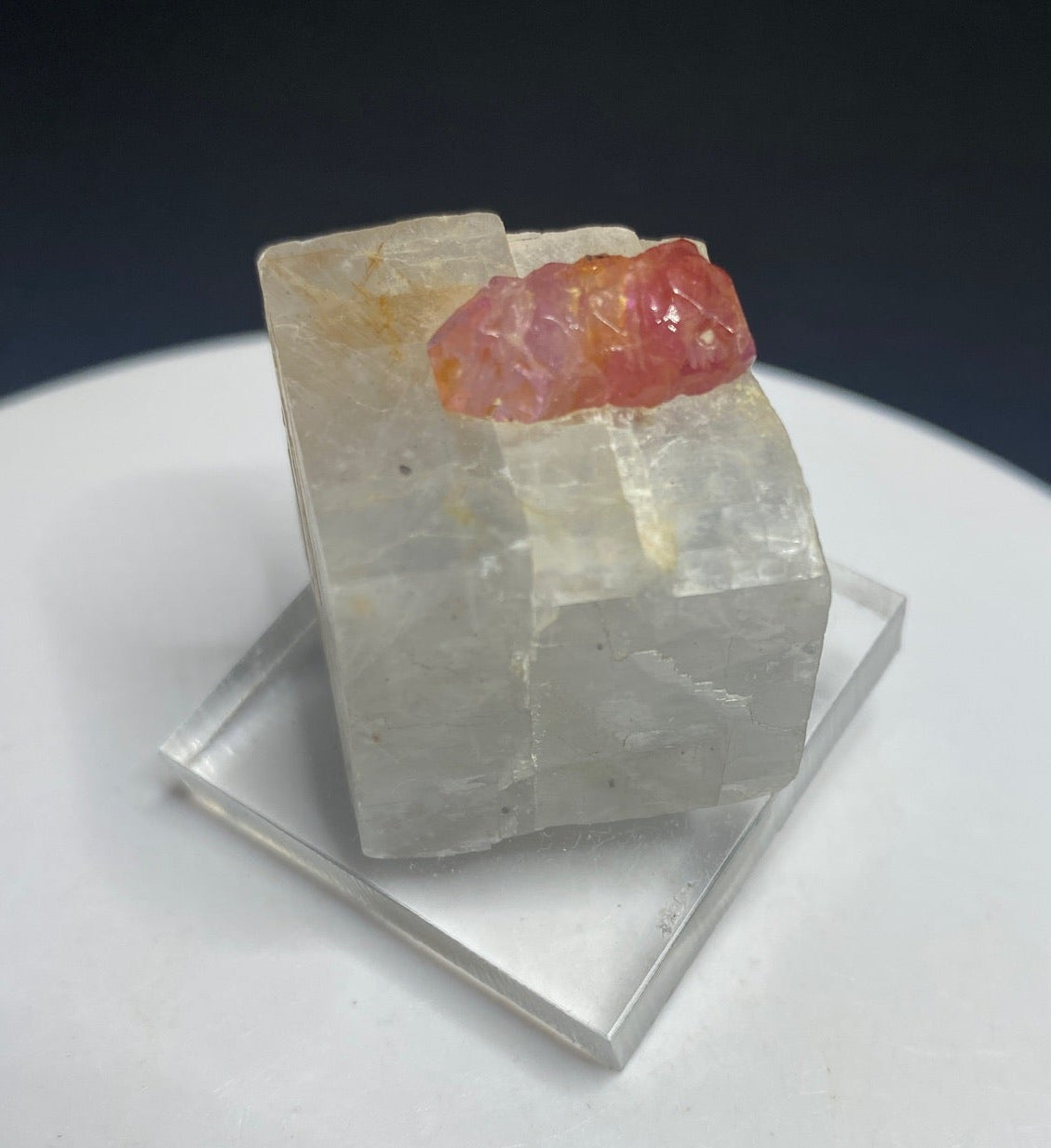 Pinkish-red ruby crystal on calcite from Dattaw Mine, Mogok, Myanmar