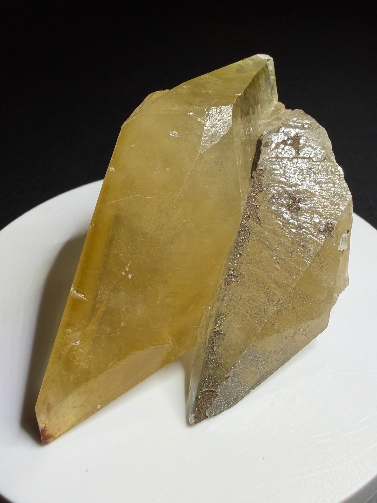 Large pale golden scalenohedral calcite crystals with pyrite from Anhui Province, China