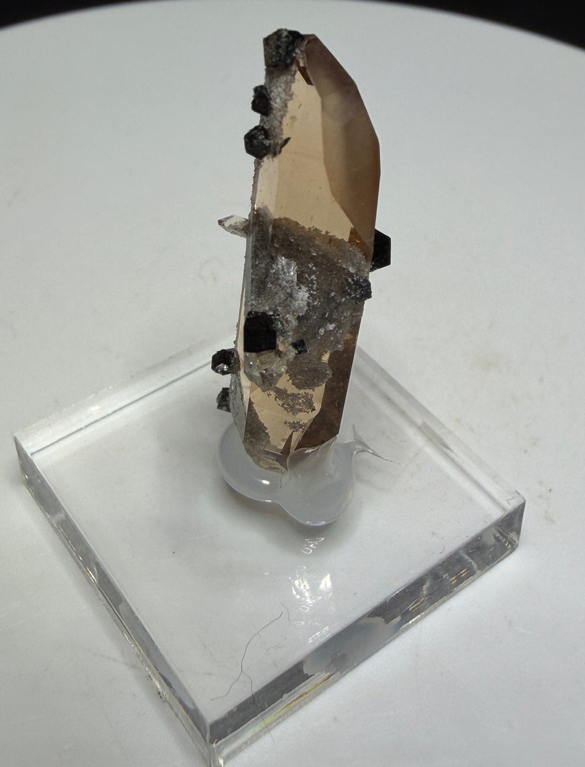 Sherry-colored topaz crystal with black bixbyite crystals from Topaz Mountain, Thomas Range, Utah, USA