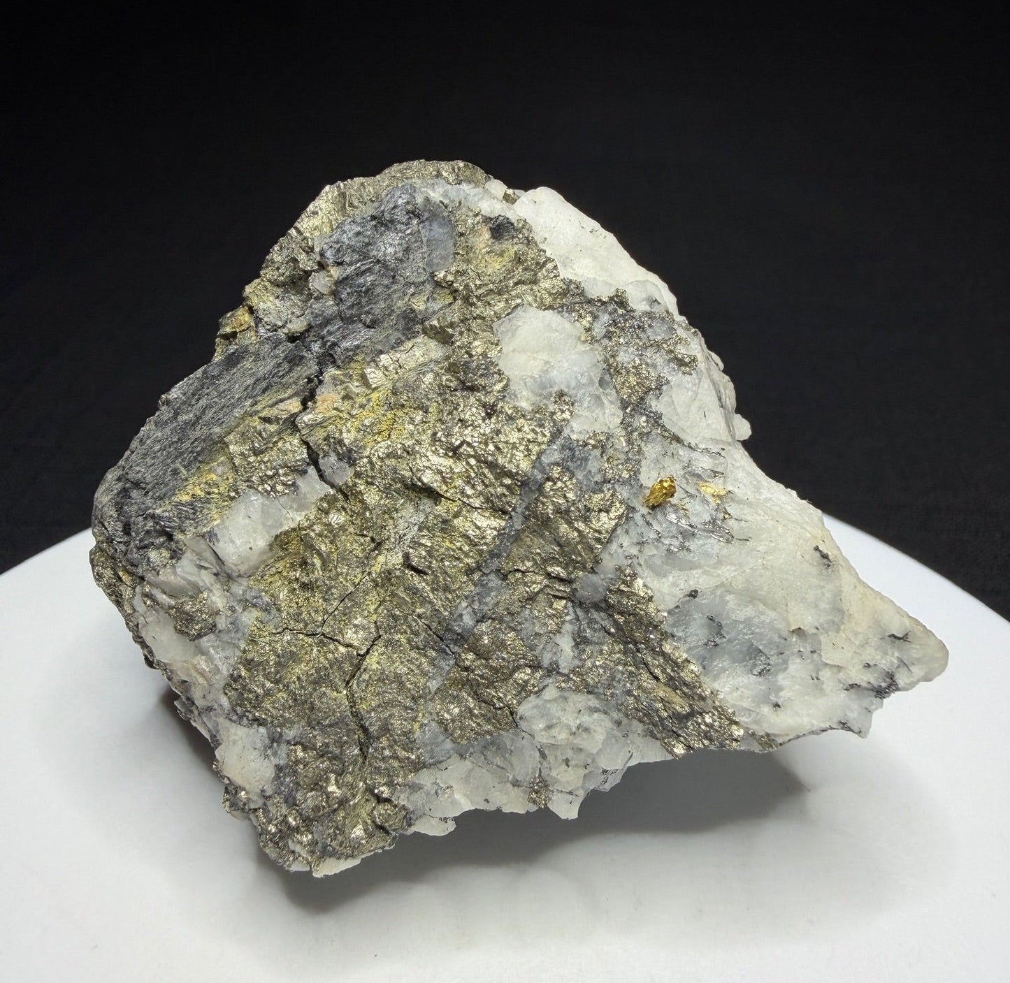 Metallic cosalite and native gold in white quartz from the Cariboo Gold Quartz Mine near Wells, British Columbia