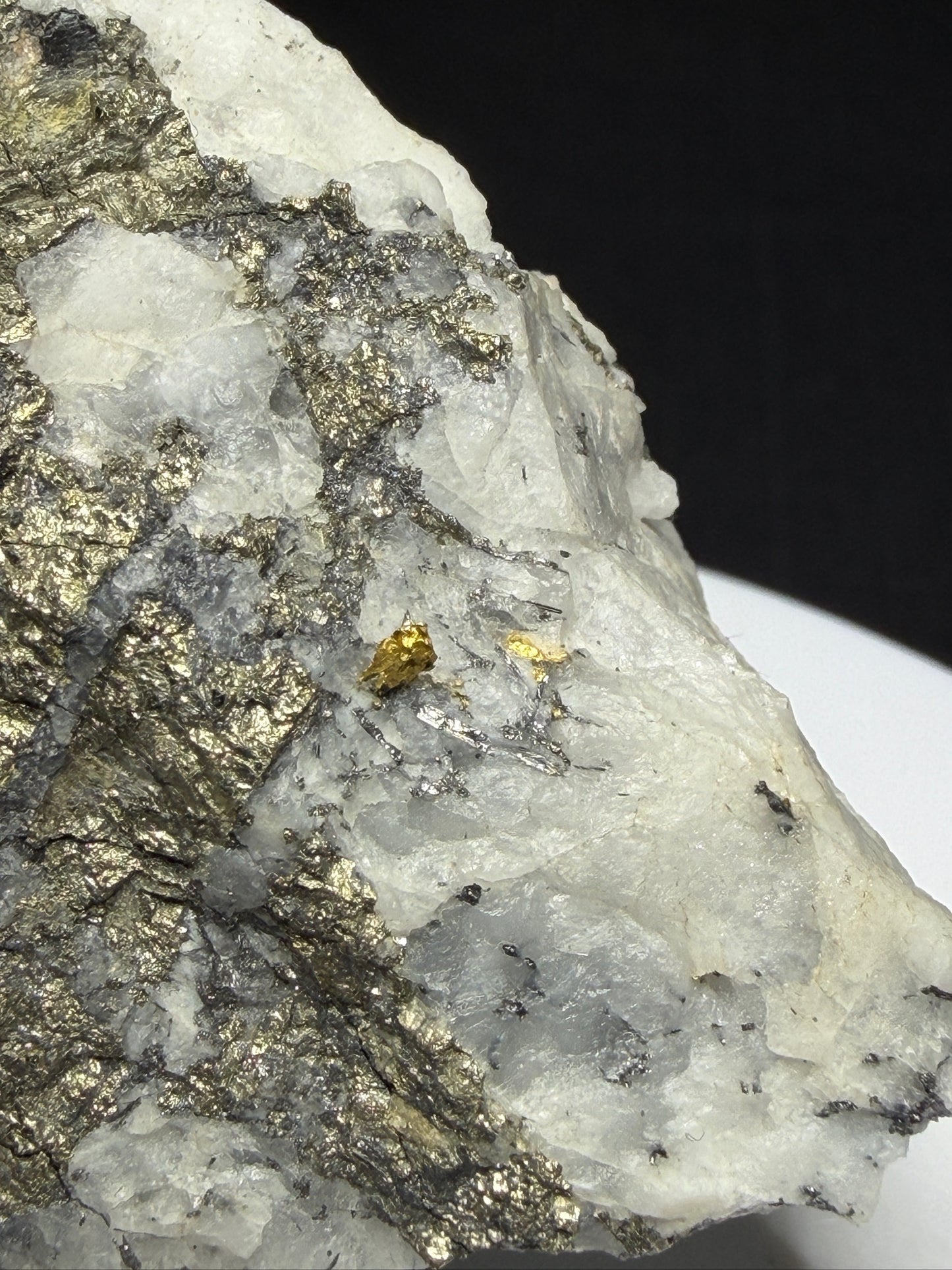 Metallic cosalite and native gold in white quartz from the Cariboo Gold Quartz Mine near Wells, British Columbia