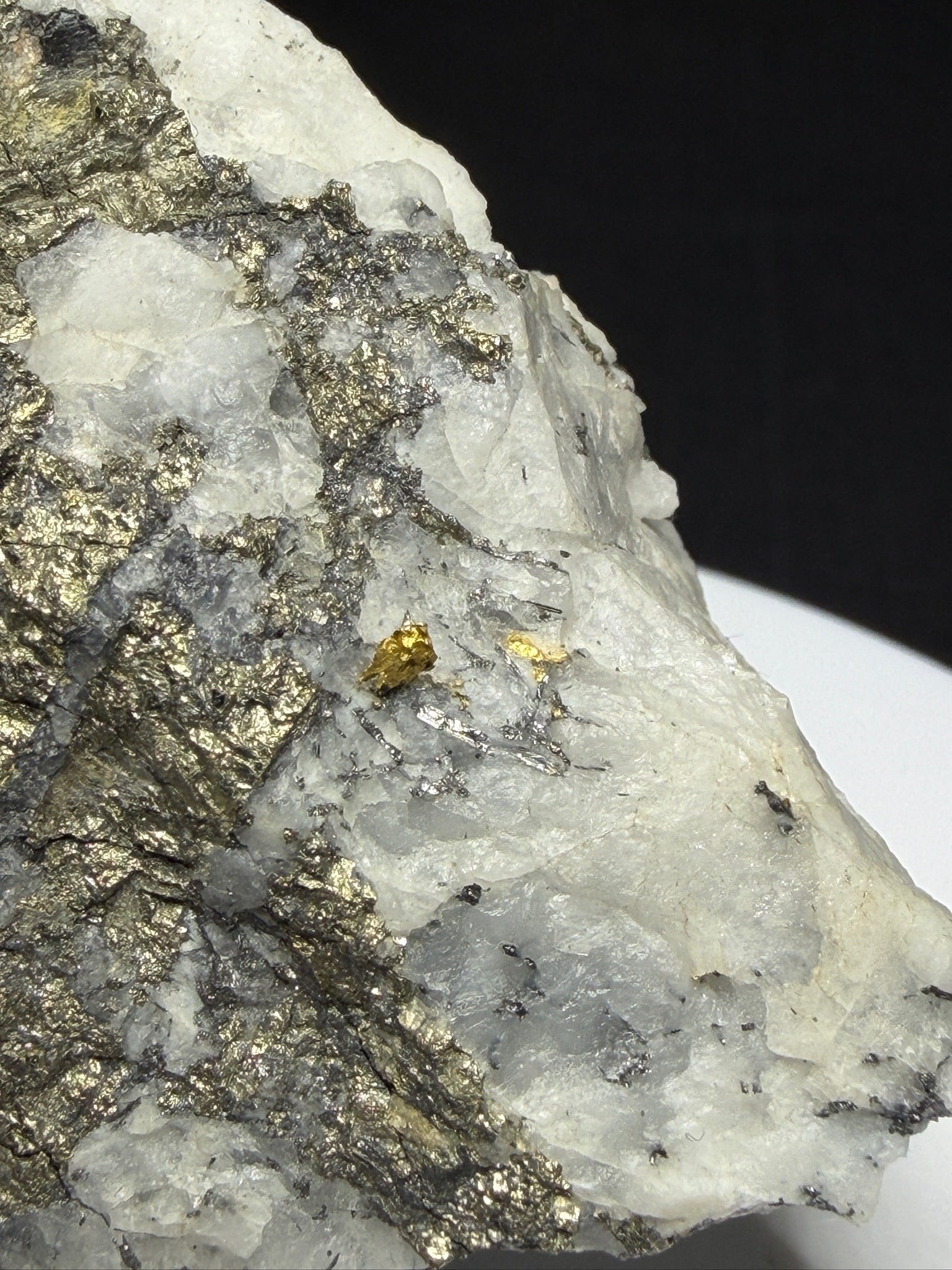 Metallic cosalite and native gold in white quartz from the Cariboo Gold Quartz Mine near Wells, British Columbia