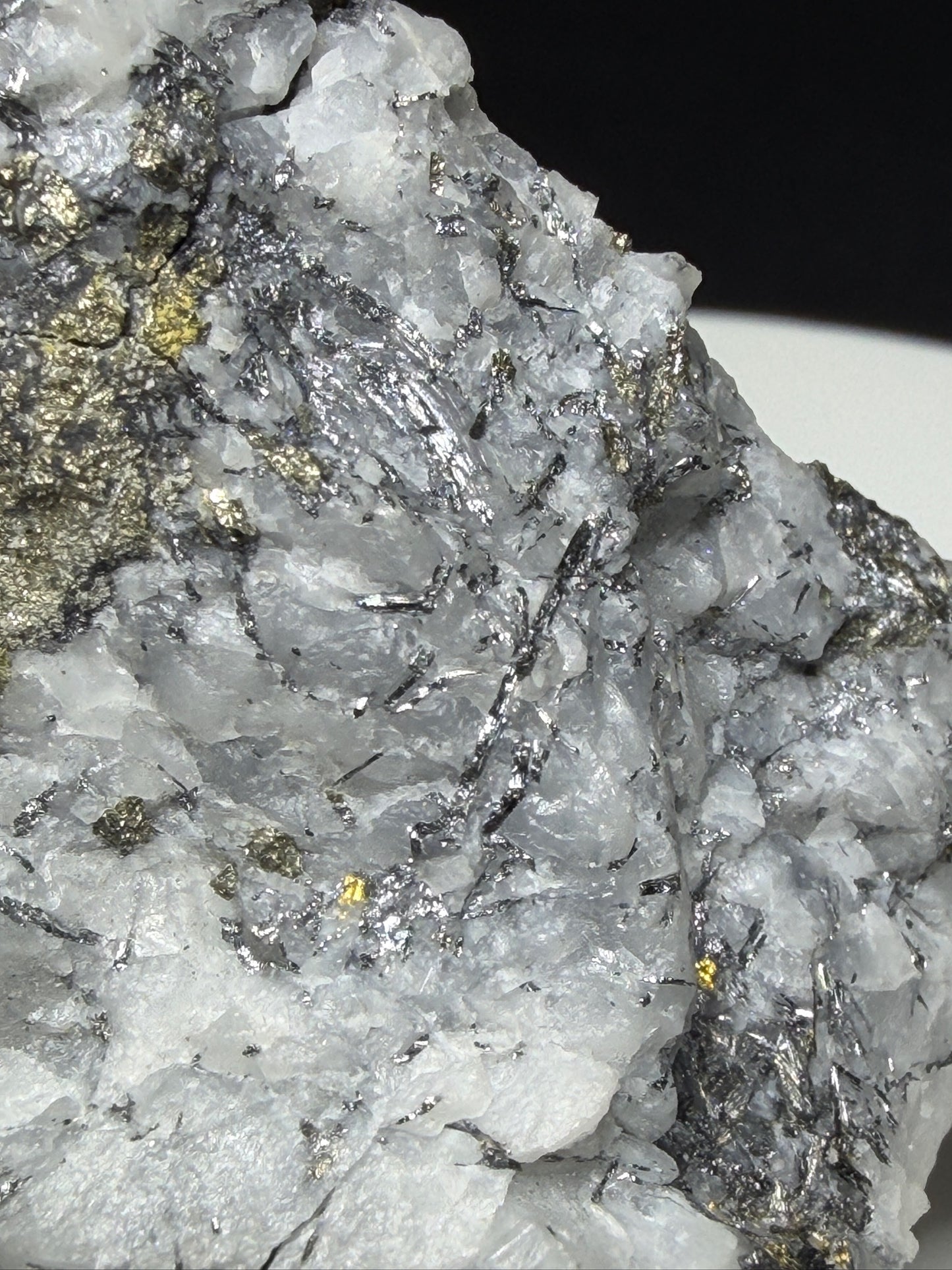 Metallic cosalite and native gold in white quartz from the Cariboo Gold Quartz Mine near Wells, British Columbia