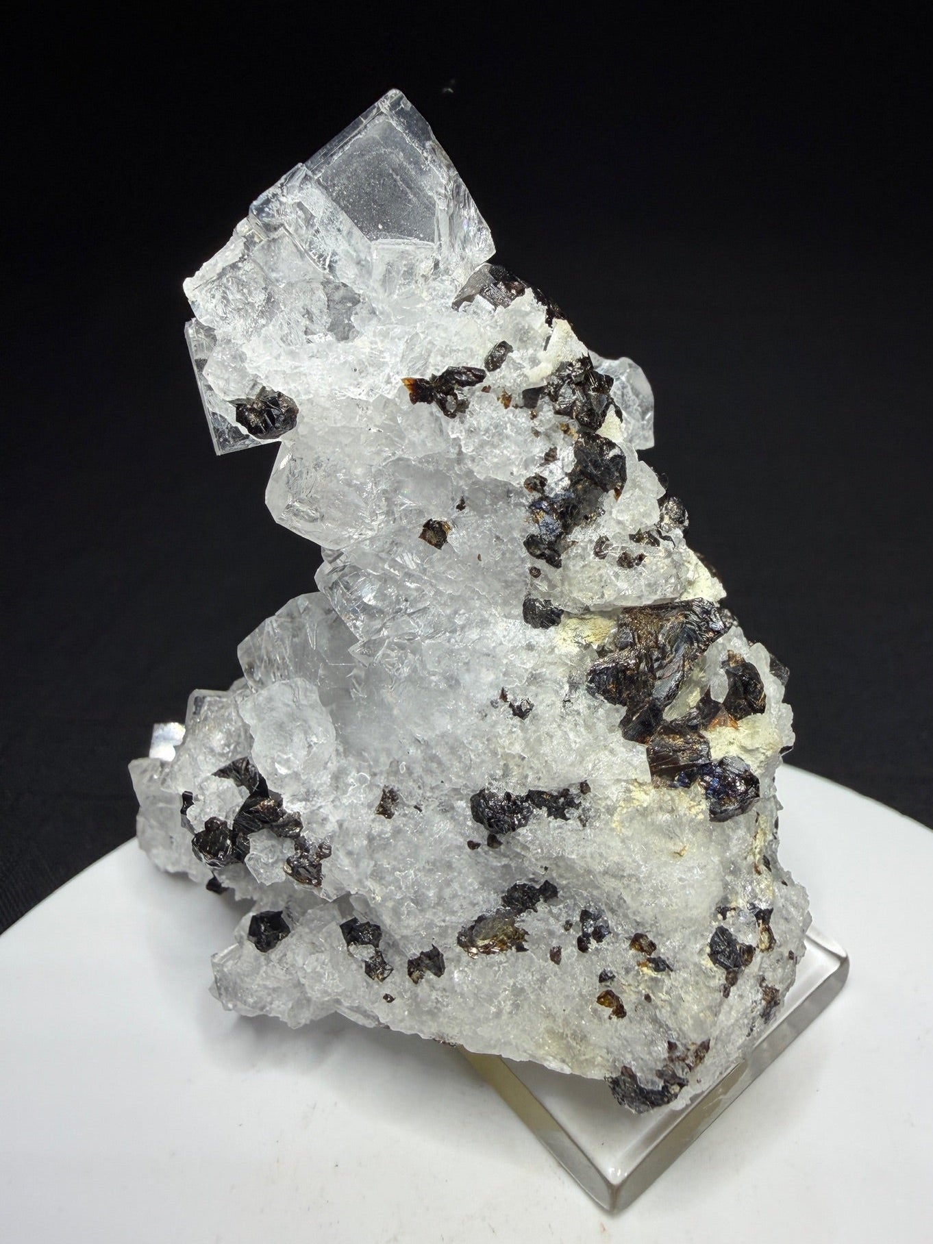 Colourless fluorite crystal cluster on dark matrix from the Nikolaevskiy Mine in Dalnegorsk, Russia