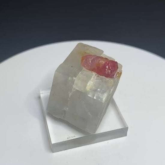 Pinkish-red ruby crystal on calcite from Dattaw Mine, Mogok, Myanmar