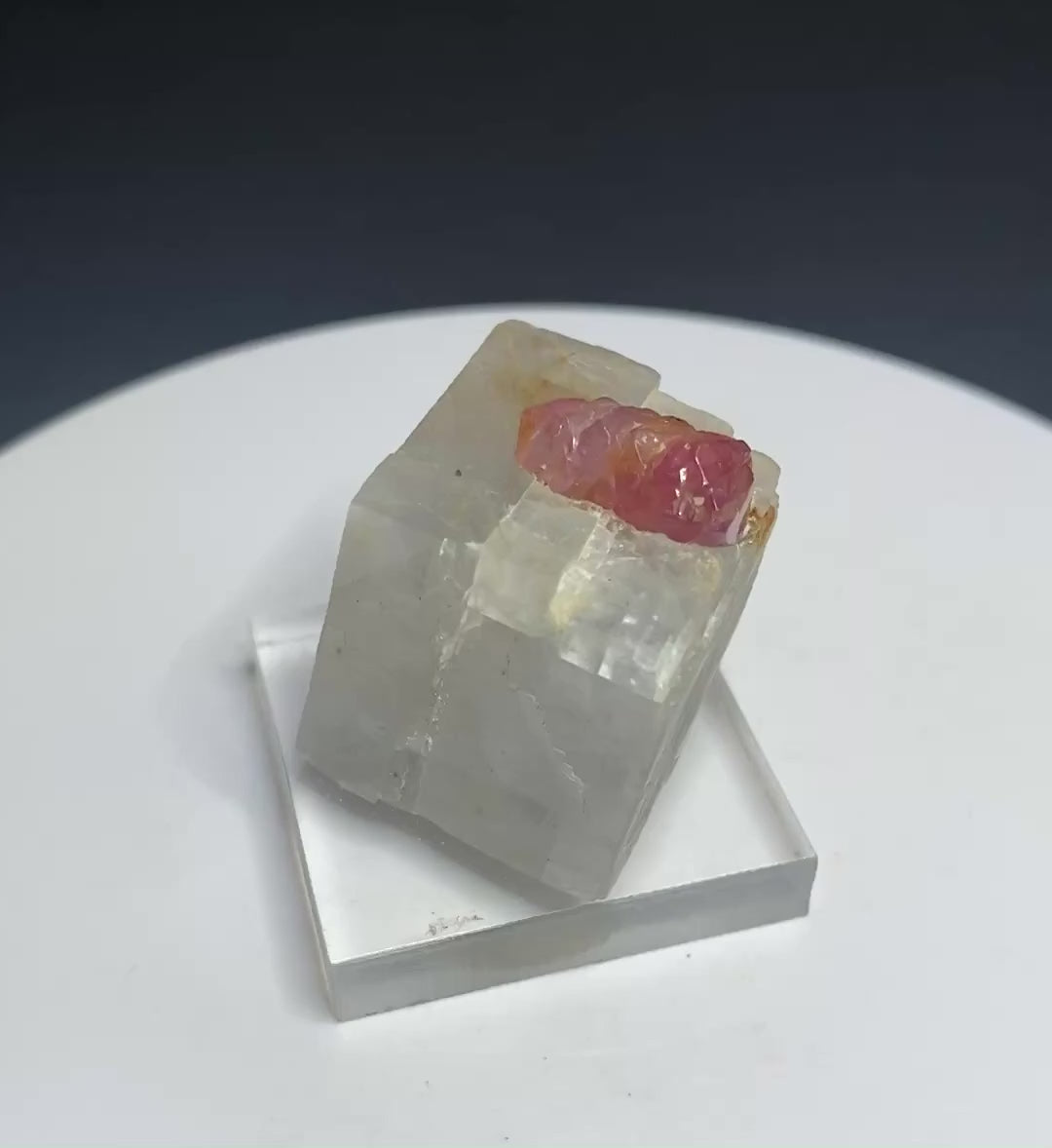 Pinkish-red ruby crystal on calcite from Dattaw Mine, Mogok, Myanmar