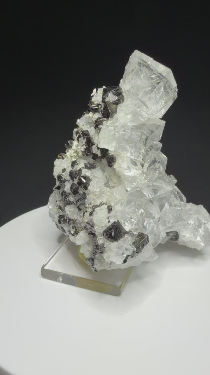 Colourless fluorite crystal cluster on dark matrix from the Nikolaevskiy Mine in Dalnegorsk, Russia