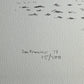 Close-up of the inscriptions “San Francisco, ’73” and “15/500” on the pen drawing.
