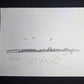Original San Francisco waterfront pen drawing by Prosper J. Williams, depicting a skyline, bridge, sailboat and birds.