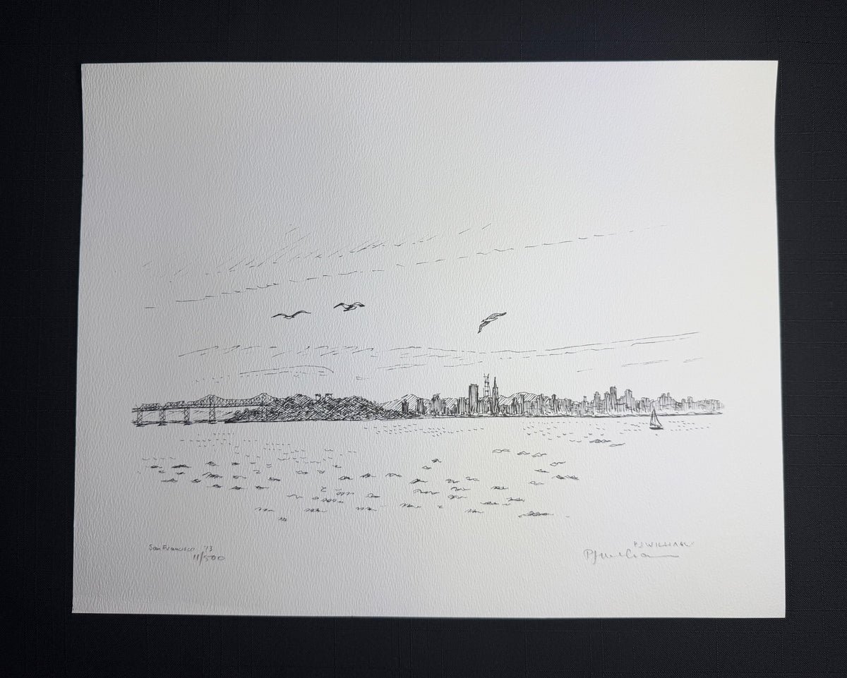 Original San Francisco waterfront pen drawing by Prosper J. Williams, depicting a skyline, bridge, sailboat and birds.