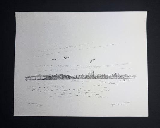 Original San Francisco waterfront pen drawing by Prosper J. Williams, depicting a skyline, bridge, sailboat and birds.