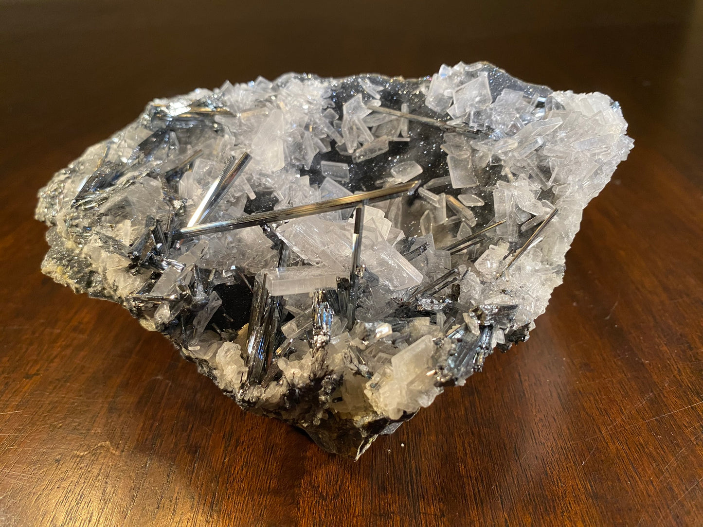 Stibnite on barite, Wuling Mine, China